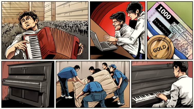 Comic page — an accordion player before a crowd, a piano moved
