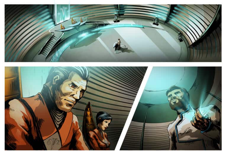Comic page — a vast sci-fi council hall in teal light